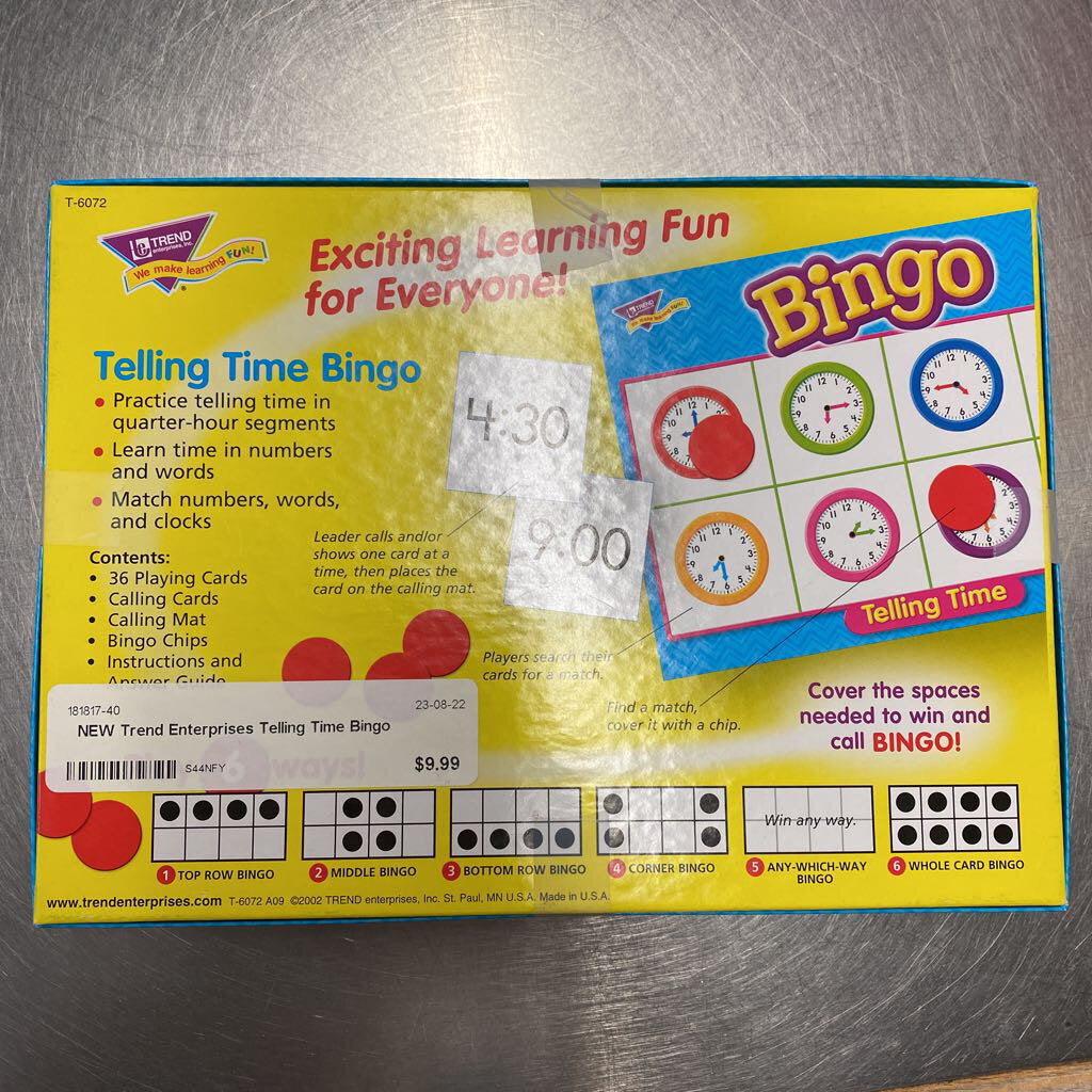 NEW Trend Enterprises Telling Time Bingo